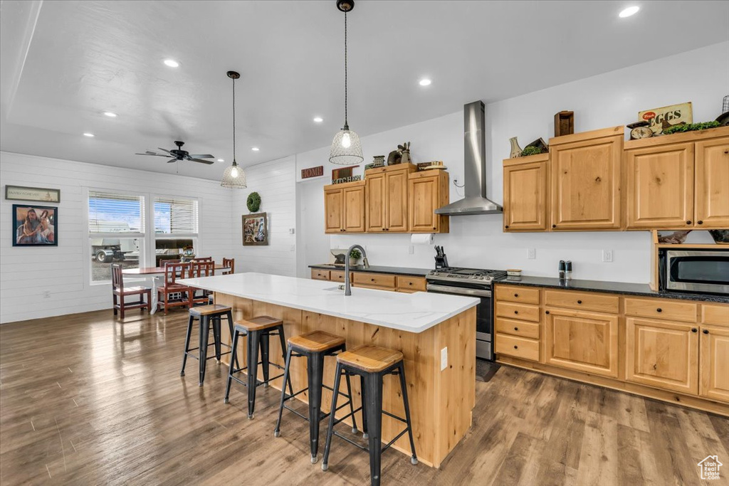 Kitchen featuring dark wood-type flooring, ceiling fan, stainless steel appliances, a center island with sink, and wall chimney exhaust hood