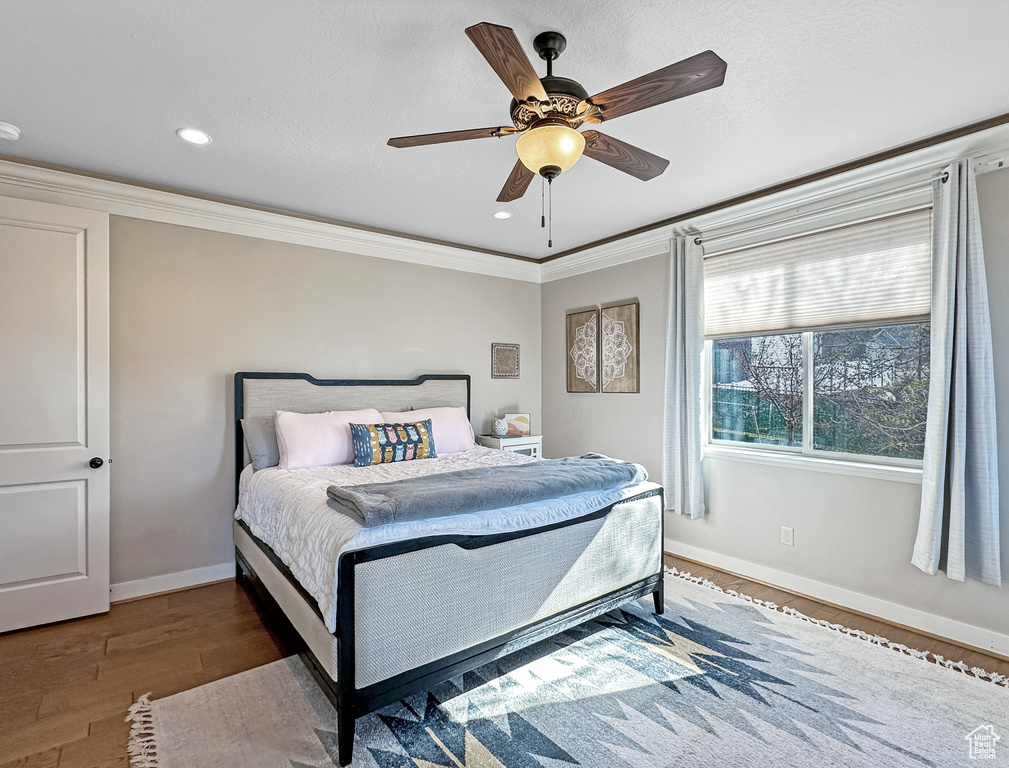 Bedroom with crown molding, dark hardwood / wood-style flooring, and ceiling fan