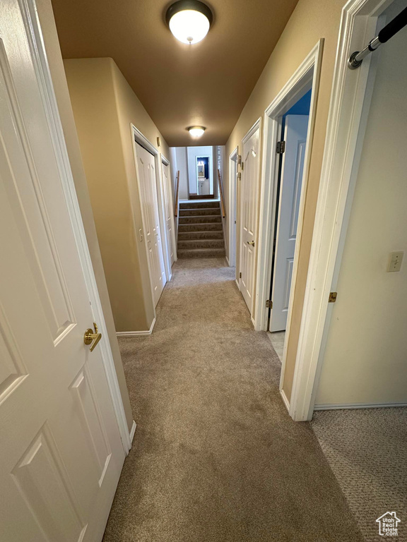 Hallway with light colored carpet