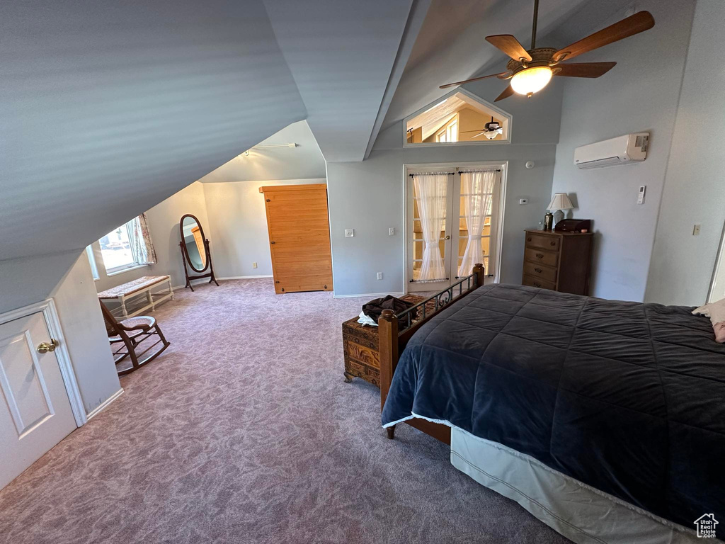 Carpeted bedroom with high vaulted ceiling, ceiling fan, and a wall unit AC