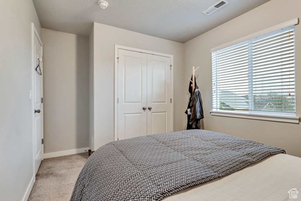 Bedroom featuring light colored carpet, a closet, and multiple windows