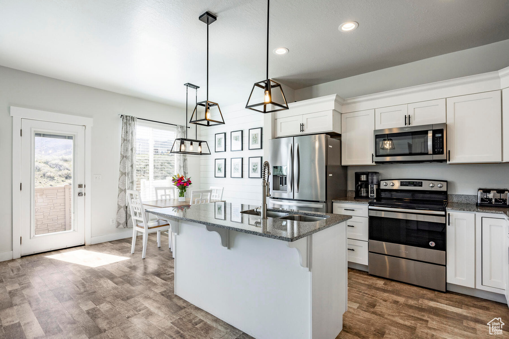 Kitchen featuring white cabinetry, pendant lighting, appliances with stainless steel finishes, and dark hardwood / wood-style floors