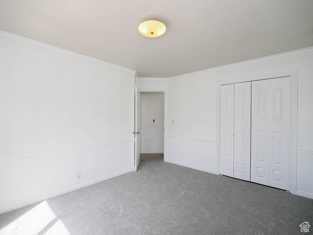 Unfurnished bedroom with ornamental molding, dark colored carpet, and a closet