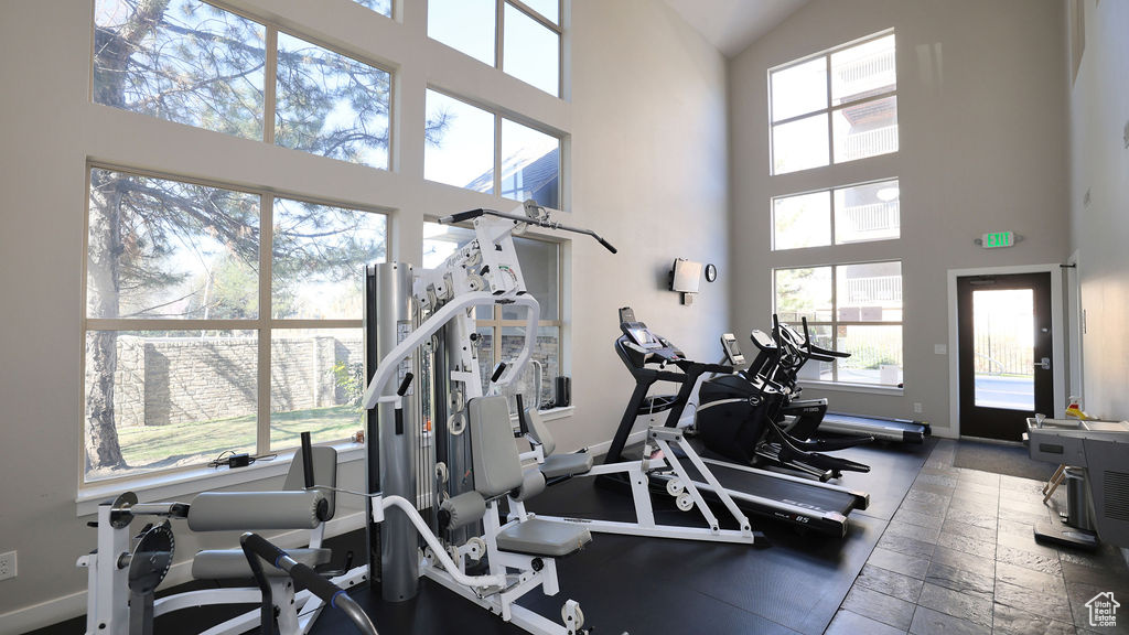 Workout area featuring a high ceiling