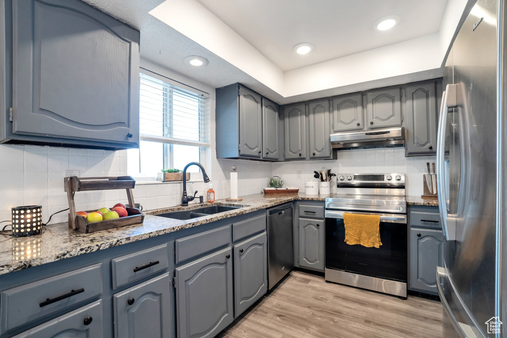Kitchen featuring backsplash, light hardwood / wood-style flooring, sink, and stainless steel appliances