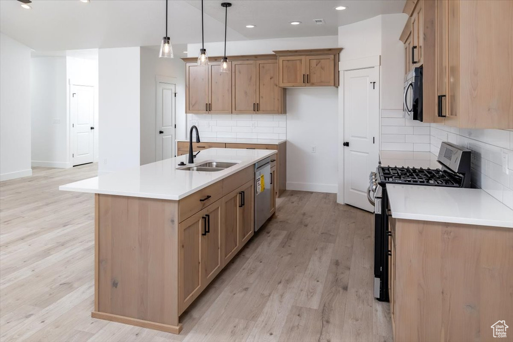 Kitchen featuring sink, hanging light fixtures, light hardwood / wood-style flooring, backsplash, and stainless steel appliances