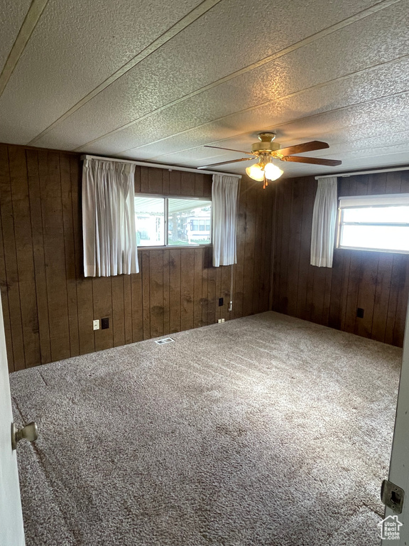 Spare room with ceiling fan, carpet flooring, a wealth of natural light, and a textured ceiling