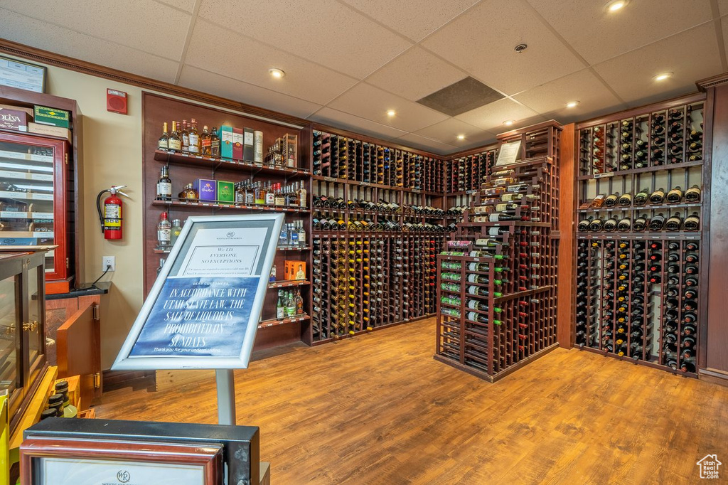 Wine room featuring a drop ceiling and wood-type flooring