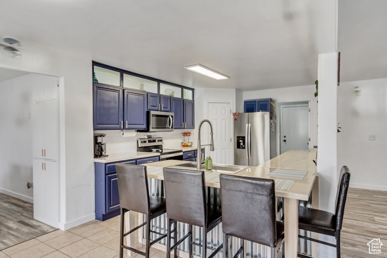 Kitchen with backsplash, sink, light hardwood / wood-style flooring, stainless steel appliances, and blue cabinetry