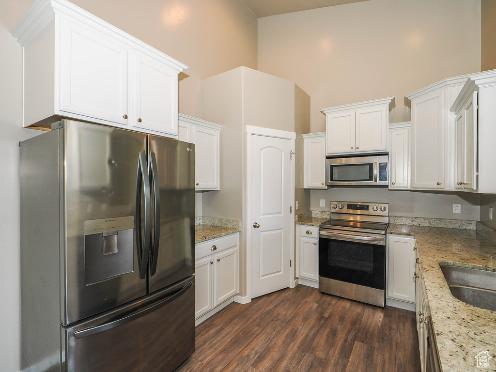 Kitchen featuring stainless steel appliances, white cabinetry, dark hardwood / wood-style flooring, and a towering ceiling
