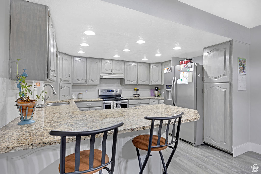 Kitchen featuring kitchen peninsula, a kitchen breakfast bar, light hardwood / wood-style floors, sink, and stainless steel appliances