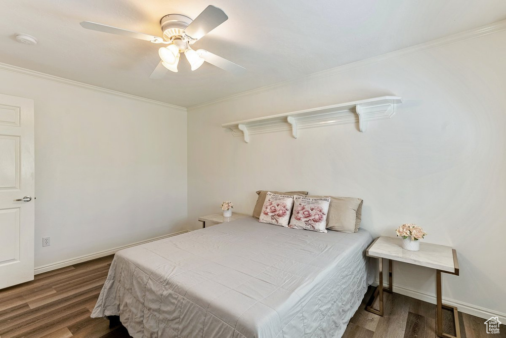 Bedroom with ornamental molding, ceiling fan, and dark hardwood / wood-style floors