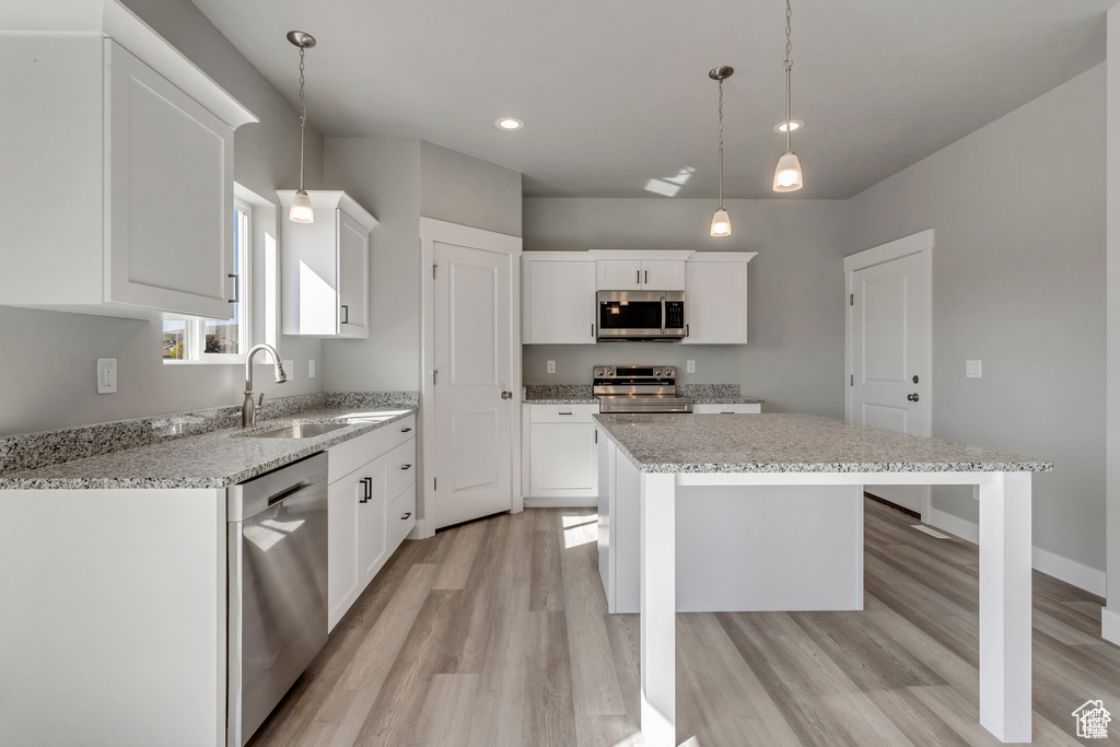 Kitchen with light hardwood / wood-style flooring, pendant lighting, stainless steel appliances, and a center island