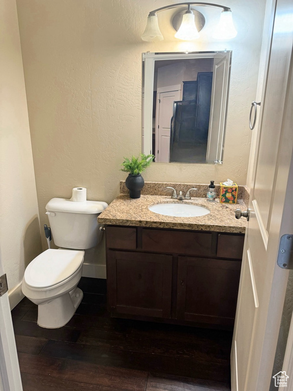 Bathroom featuring toilet, vanity, and wood-type flooring