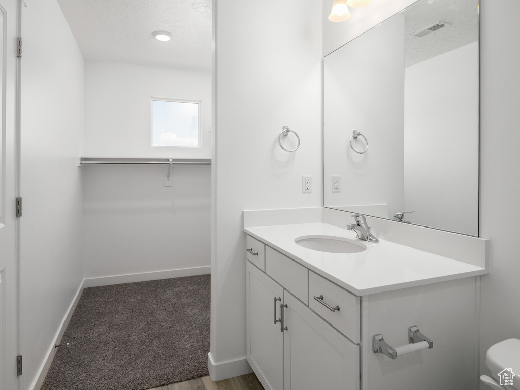 Bathroom with oversized vanity and wood-type flooring