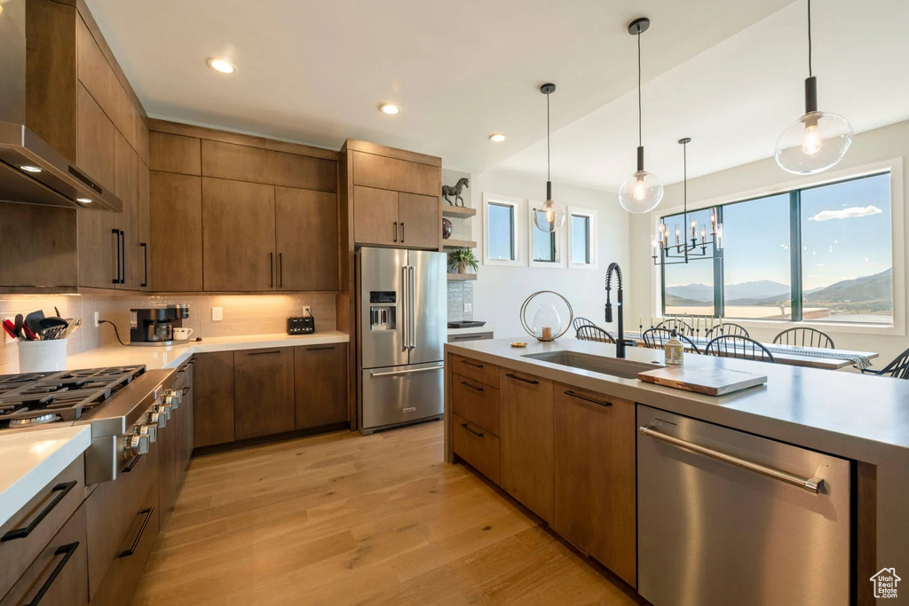 Kitchen featuring hanging light fixtures, light hardwood / wood-style flooring, stainless steel appliances, tasteful backsplash, and wall chimney exhaust hood