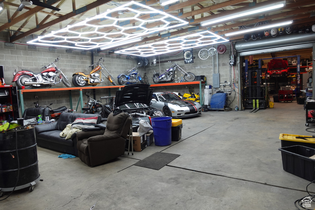 Garage with a workshop area