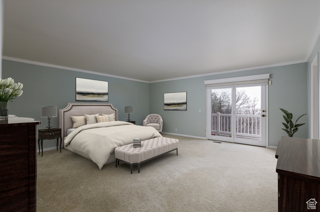 Bedroom featuring crown molding, access to outside, and carpet floors