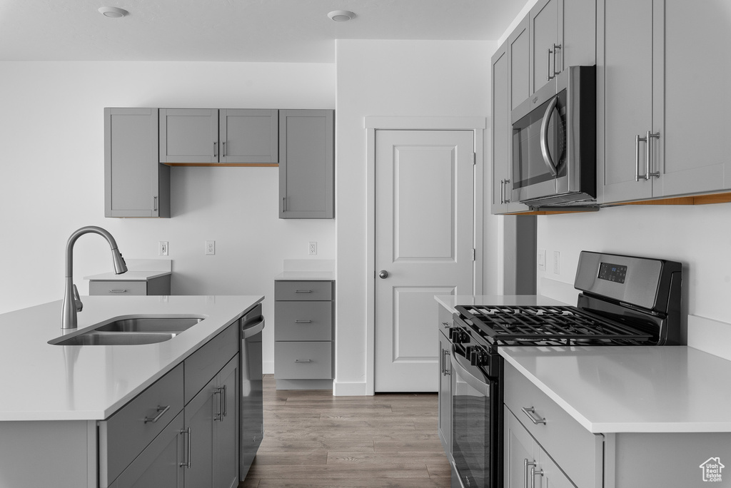 Kitchen with gray cabinets, appliances with stainless steel finishes, light wood-type flooring, and sink