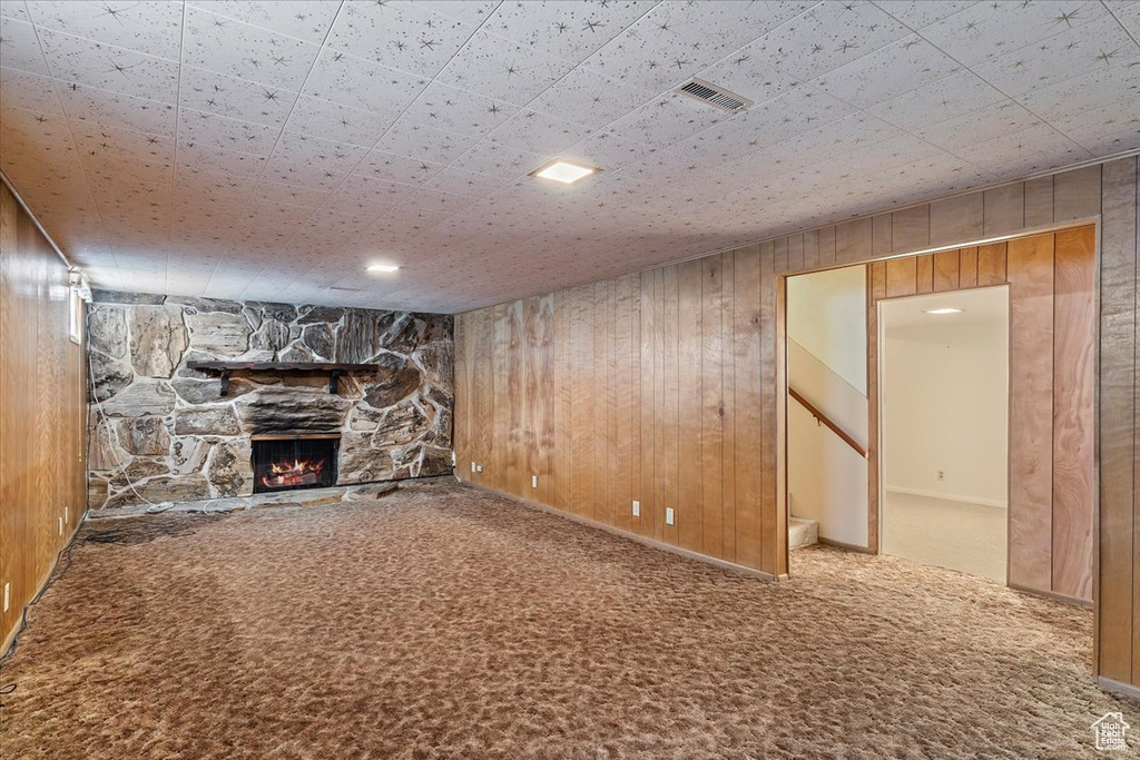 Basement with carpet flooring, wood walls, and a stone fireplace