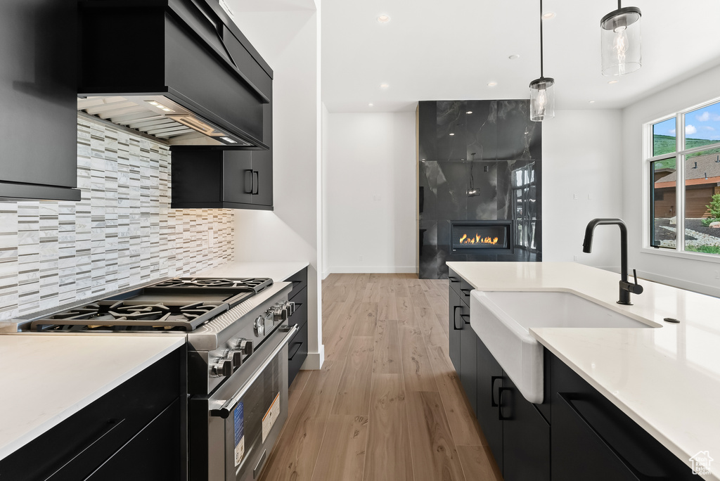 Kitchen featuring sink, pendant lighting, light hardwood / wood-style flooring, tasteful backsplash, and range with two ovens