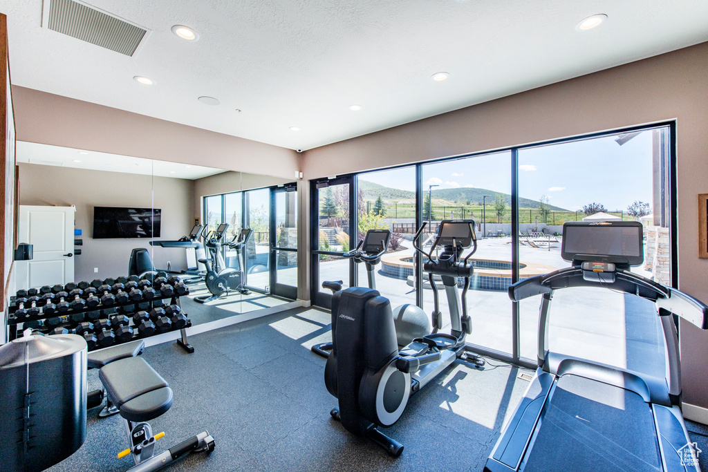 Workout area featuring a mountain view