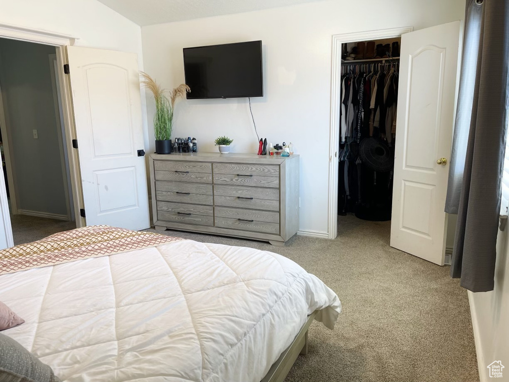 Carpeted bedroom with a walk in closet and a closet