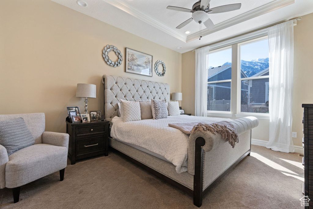Bedroom with ceiling fan, a tray ceiling, and carpet flooring