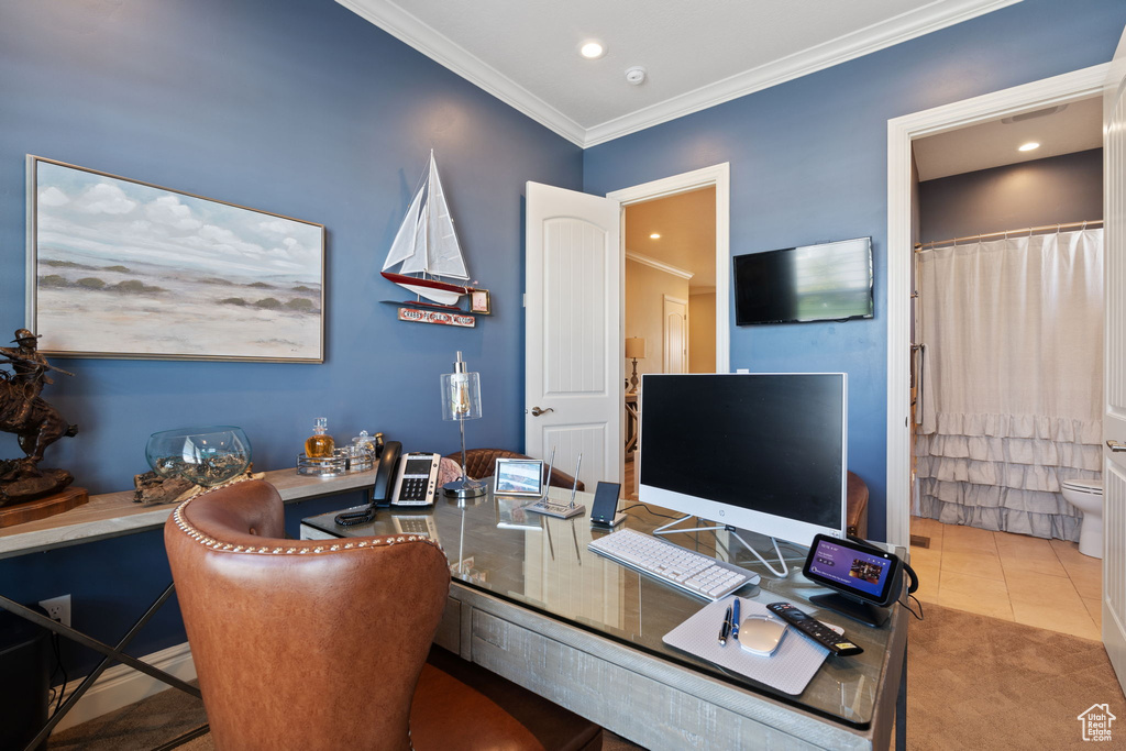 Carpeted home office featuring ornamental molding