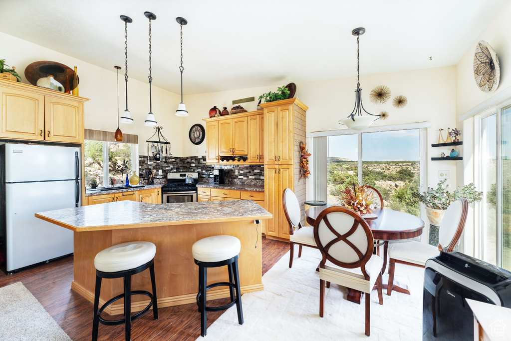 Kitchen featuring white refrigerator, plenty of natural light, stainless steel range, and tasteful backsplash