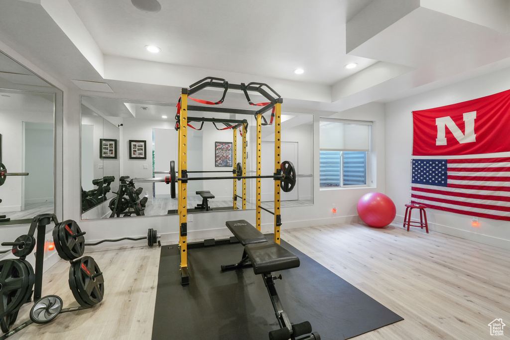 Exercise room featuring a raised ceiling and light hardwood / wood-style flooring