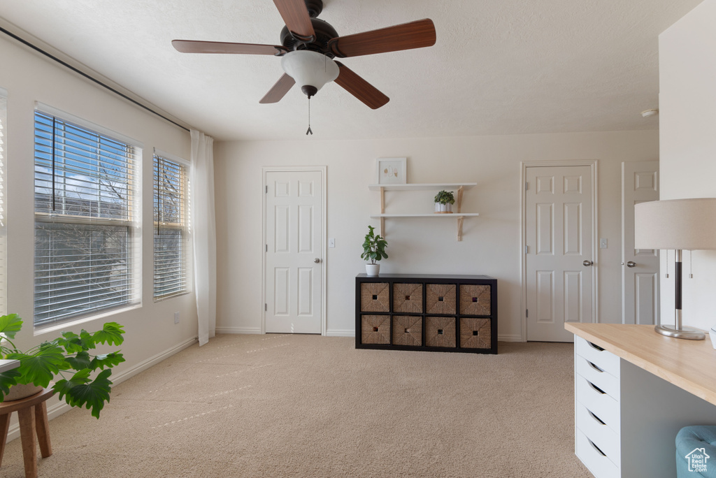 Living area with ceiling fan and light carpet