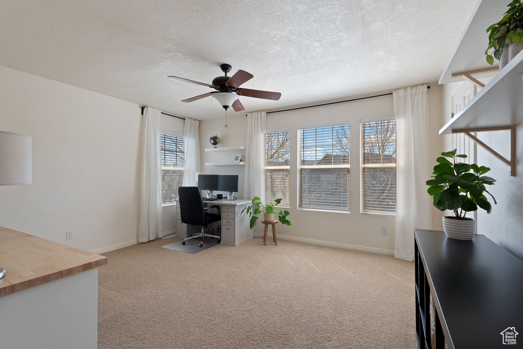 Office space featuring ceiling fan, a textured ceiling, a healthy amount of sunlight, and light colored carpet