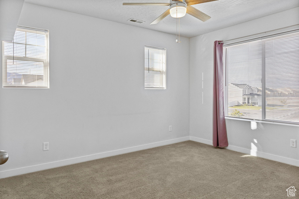 Unfurnished room with ceiling fan, a healthy amount of sunlight, and light colored carpet
