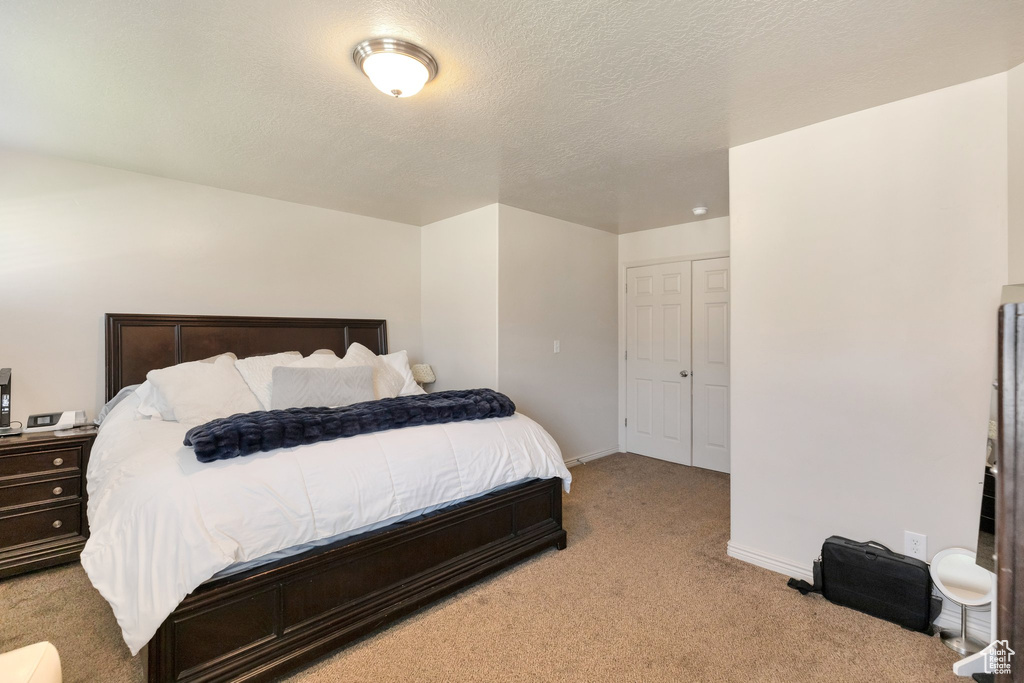 Bedroom featuring light carpet, a closet, and a textured ceiling
