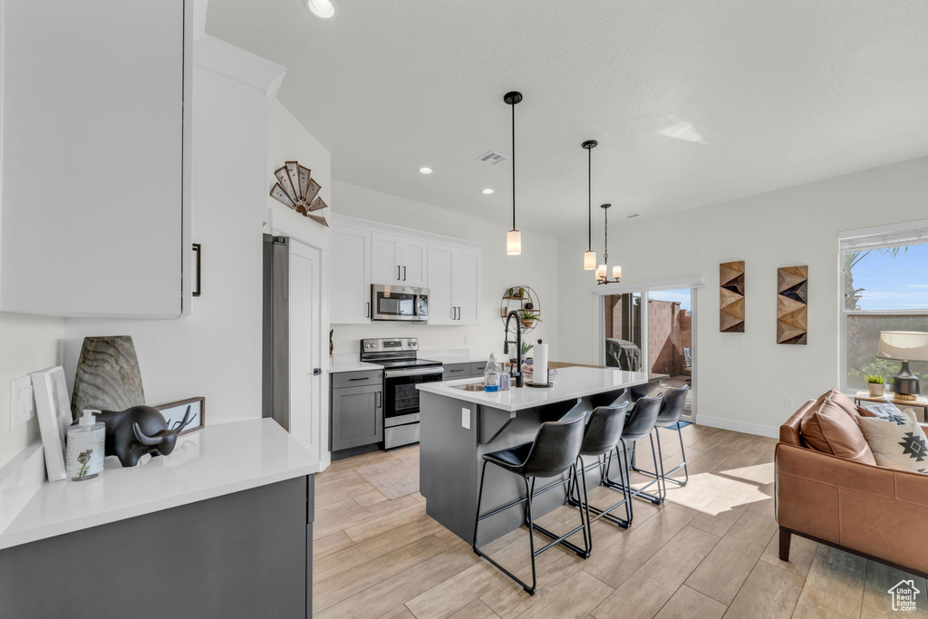 Kitchen with light wood-type flooring, stainless steel appliances, white cabinets, and pendant lighting