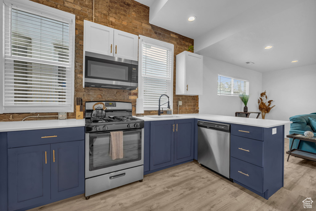 Kitchen with appliances with stainless steel finishes, sink, blue cabinets, and light hardwood / wood-style floors