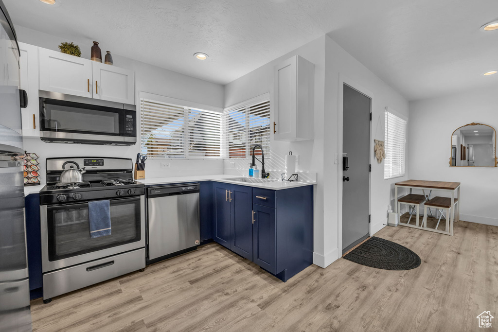 Kitchen with blue cabinets, stainless steel appliances, light wood-type flooring, and a wealth of natural light