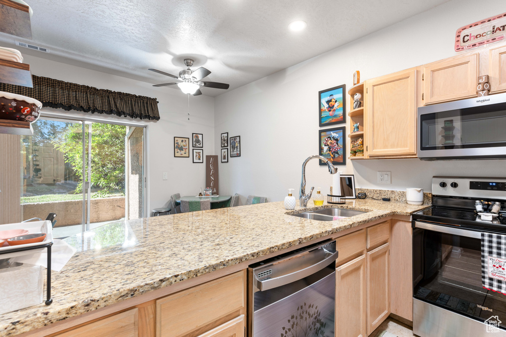 Kitchen featuring ceiling fan, appliances with stainless steel finishes, light stone countertops, and sink