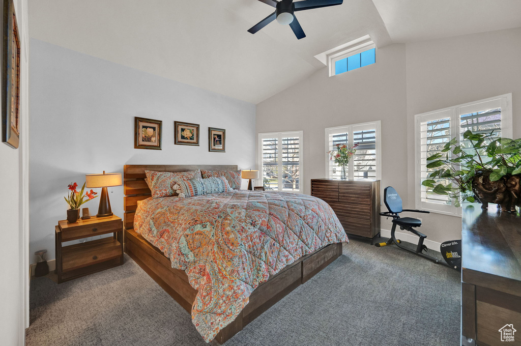 Bedroom with ceiling fan, dark carpet, high vaulted ceiling, and multiple windows