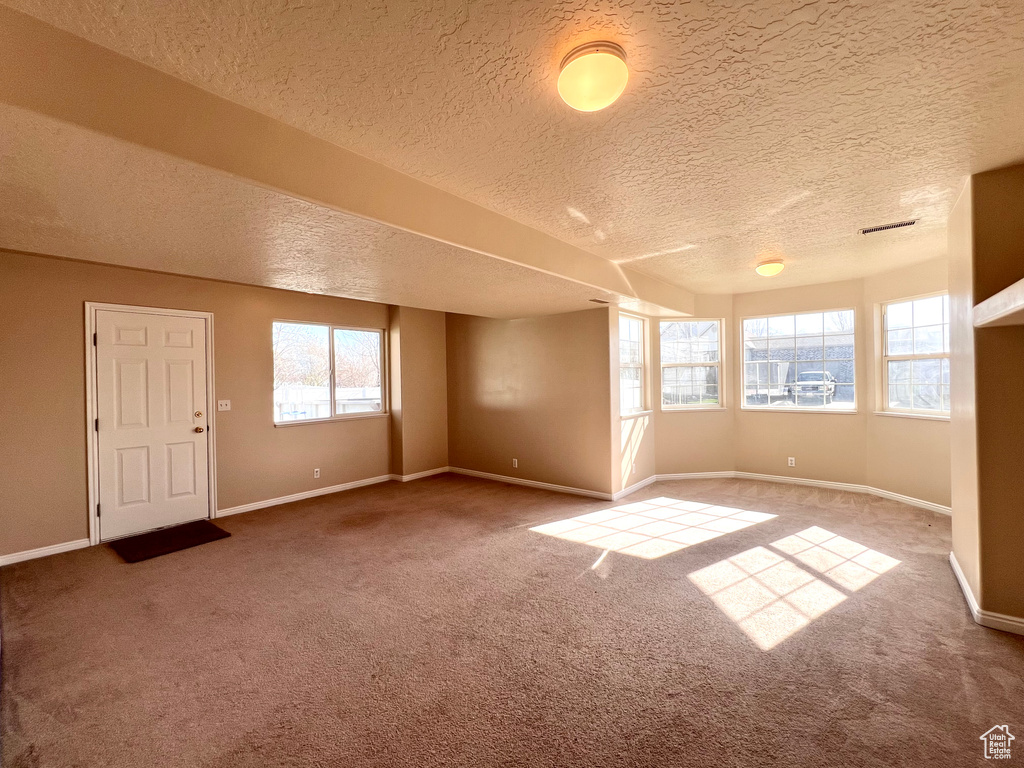 Empty room with a textured ceiling, a healthy amount of sunlight, and light carpet