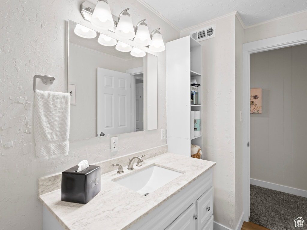 Bathroom featuring ornamental molding and vanity with extensive cabinet space