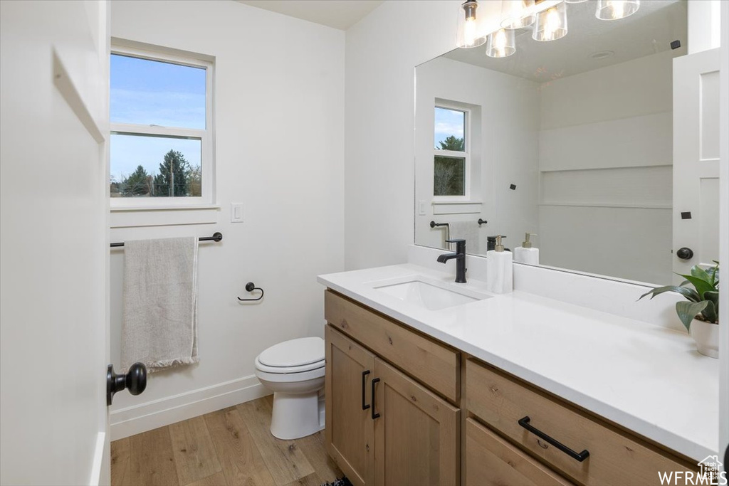 Bathroom featuring toilet, hardwood / wood-style floors, vanity, and plenty of natural light