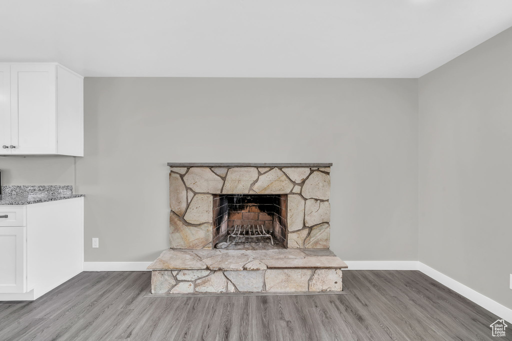 Room details with a fireplace and light hardwood / wood-style floors