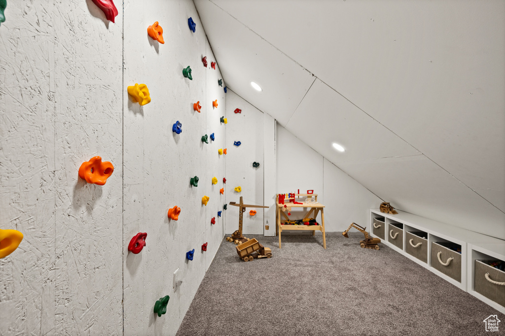 Playroom featuring lofted ceiling and carpet floors