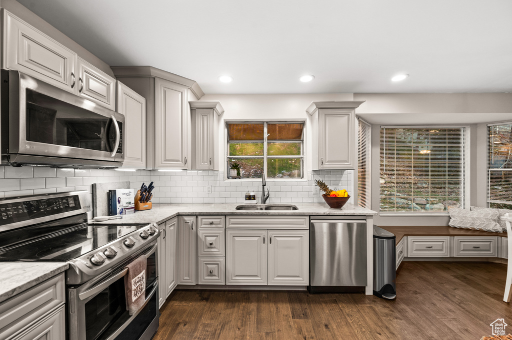 Kitchen with sink, stainless steel appliances, dark hardwood / wood-style floors, and a healthy amount of sunlight