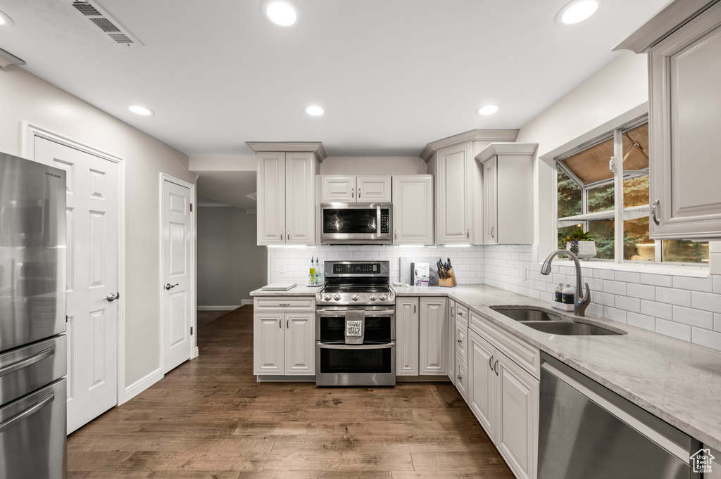 Kitchen with dark wood-type flooring, light stone counters, tasteful backsplash, stainless steel appliances, and sink