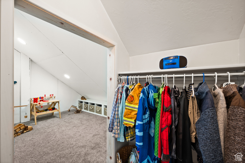 Spacious closet with carpet flooring and vaulted ceiling