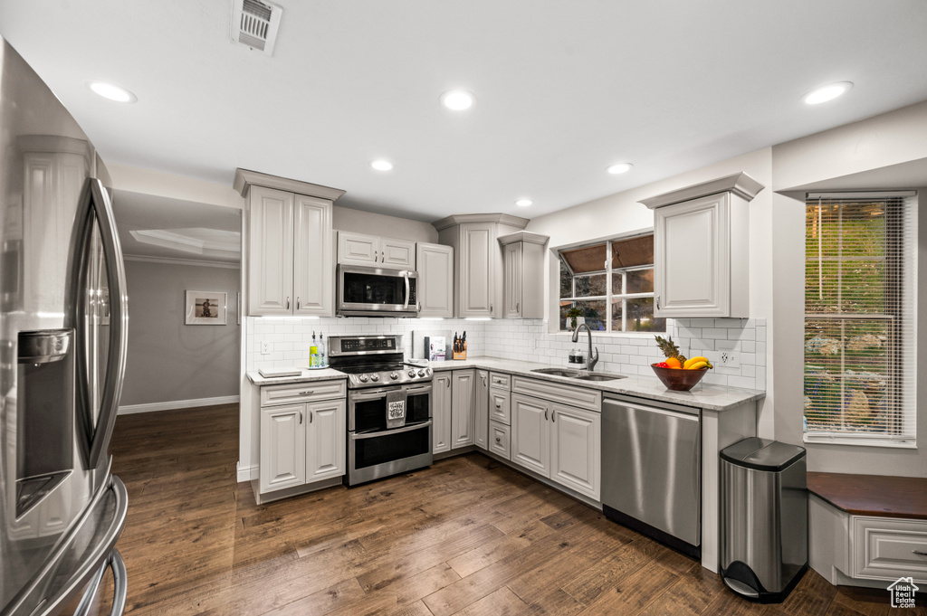 Kitchen featuring backsplash, dark wood-type flooring, sink, and stainless steel appliances