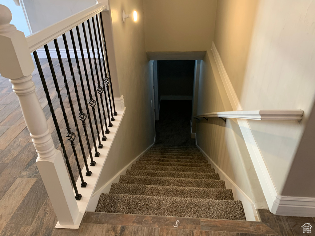 Stairs with dark hardwood / wood-style flooring